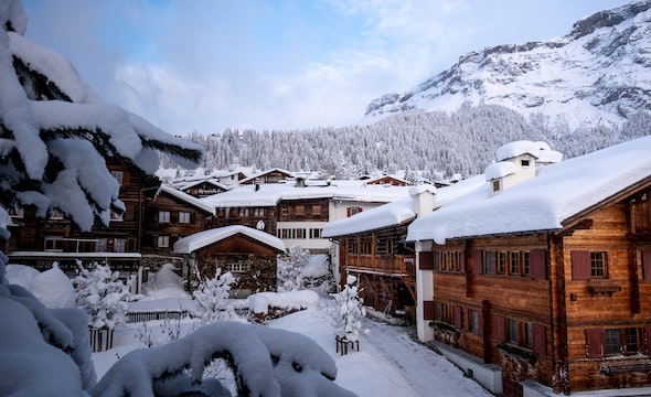 Chalet with snow covered rooftops