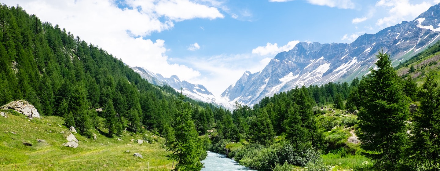 Swiss valley with mountains and snow